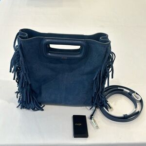 NEW Maje M Mini fringe suede bag in blue.